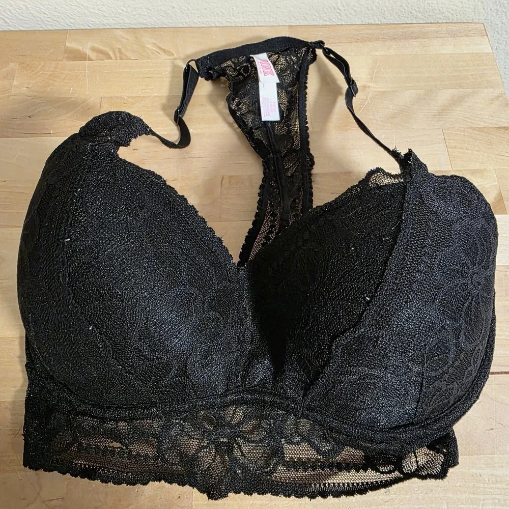 Victoria's Secret PINK Push-up Pigeonnant Lace Underwire Bra Sz‎ S (D-DD) BLACK